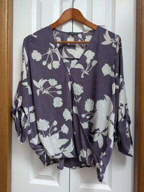 West Kei Purple Floral Wrap Top - Roll Tab Sleeves - Large